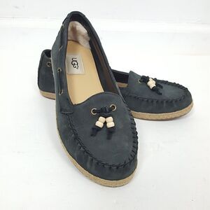 Ugg Logo Black Leather Casual Espadrille Deck Boat